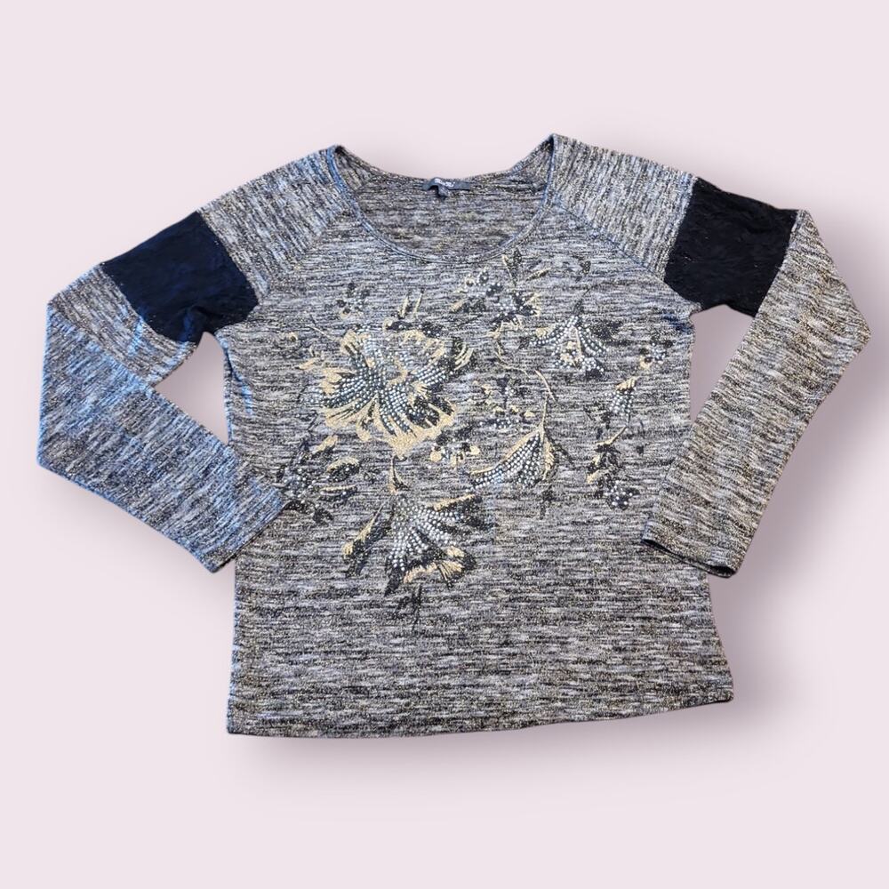 Miss Me Y2K Rhinestone Lace Beaded Top Gray Glam S
